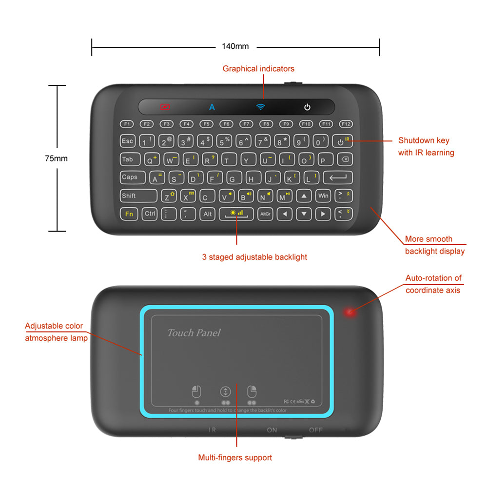H20 Universal Mini Backlit Wireless Keyboard with Touchpad & Air Mouse – 2.4G Remote Controller