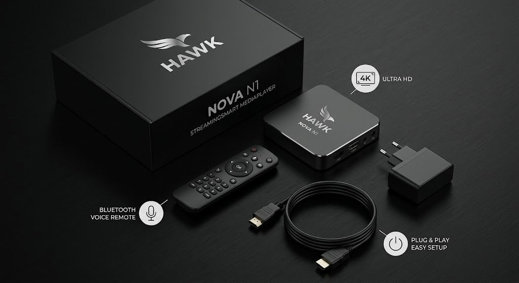 Hawk Nova N1 Smart TV Box 4GB RAM 128GB ROM – 4K Ultra HD Android TV Box with Voice Remote