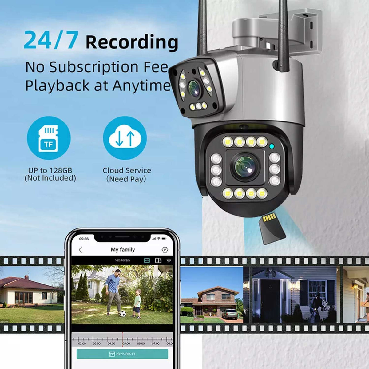 2-Lens 4MP WiFi Outdoor Security Camera – Color Night Vision with V380 Pro App