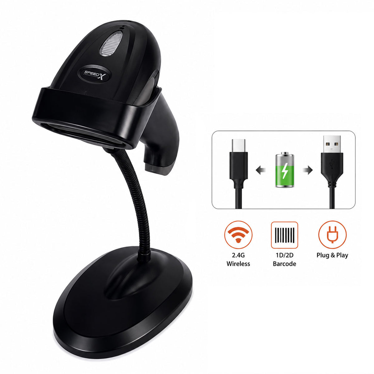 Speed-X 60D 2D Wireless 2.4GHz Barcode Scanner with Stand – QR Code & Barcode Reader