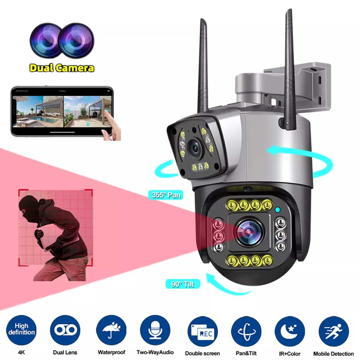 2-Lens 4MP WiFi Outdoor Security Camera – Color Night Vision with V380 Pro App