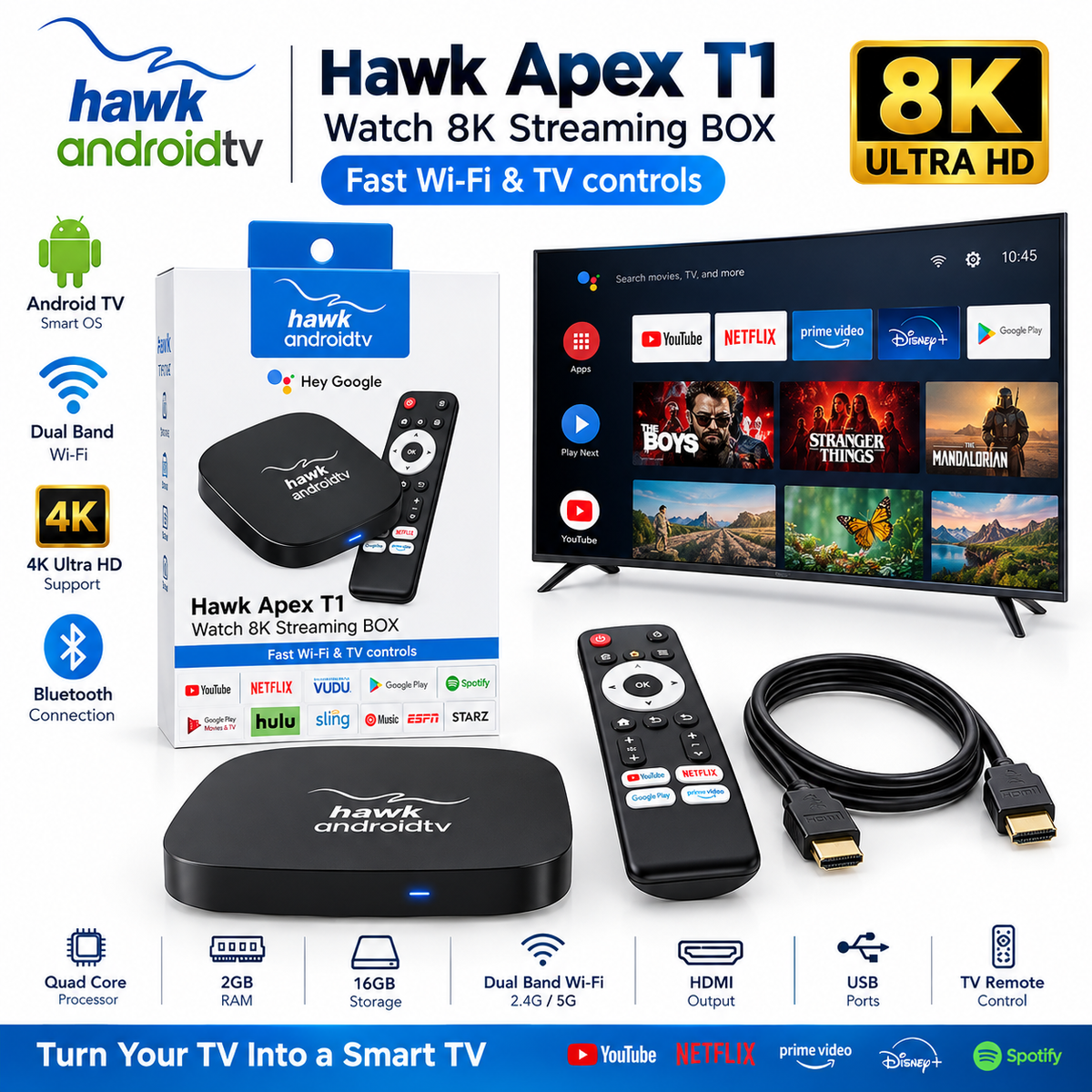 Hawk Apex T1 Android 16 2GB RAM 8GB/16GB ROM with Voice Remote – Smart 4K TV Box