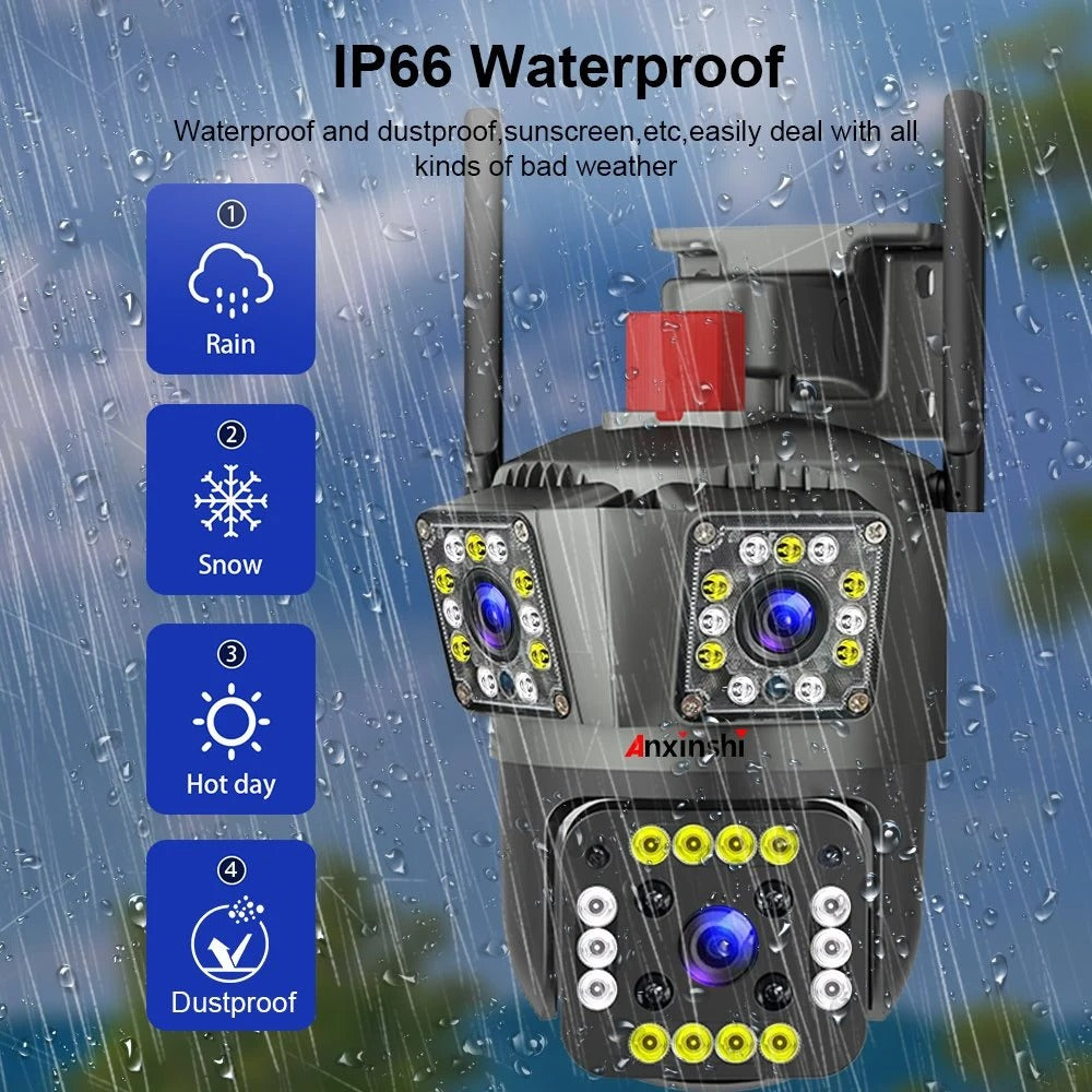 3-Lens 6MP WiFi Outdoor Security Camera – Color Night Vision with V380 Pro App