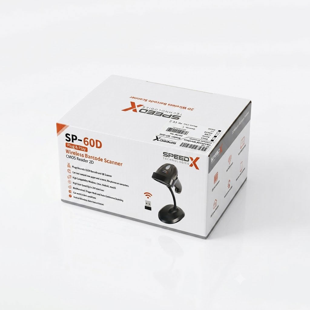 Speed-X 60D 2D Wireless 2.4GHz Barcode Scanner with Stand – QR Code & Barcode Reader
