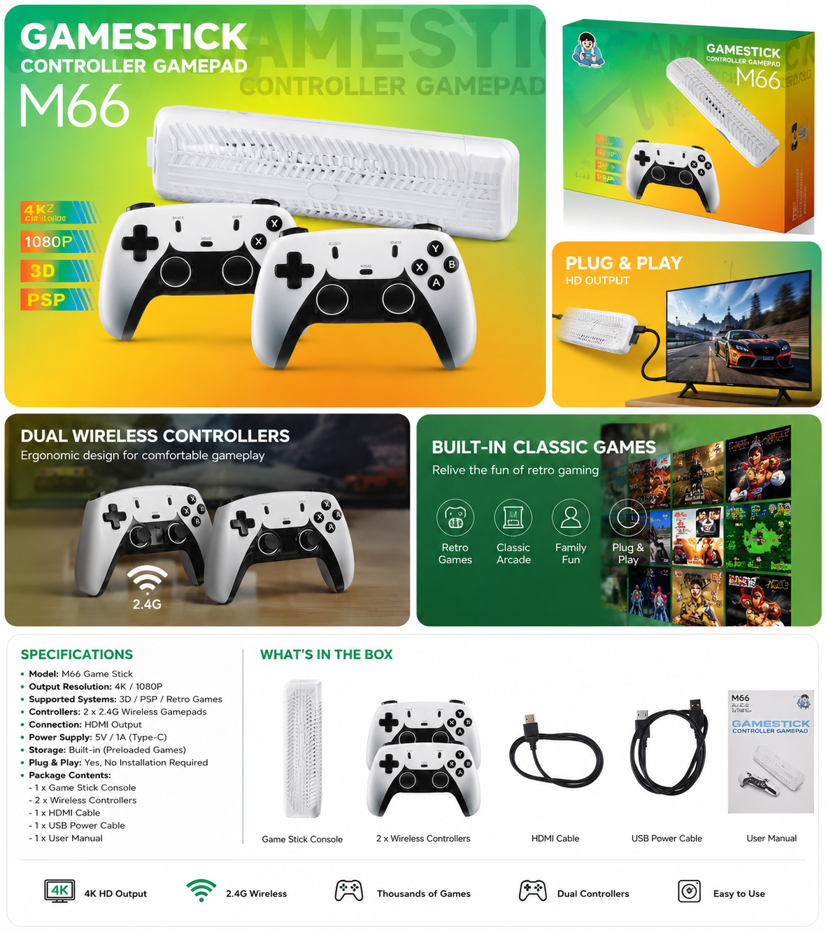 M66 2.4G Wireless Game Stick – Retro Video Game Console for TV
